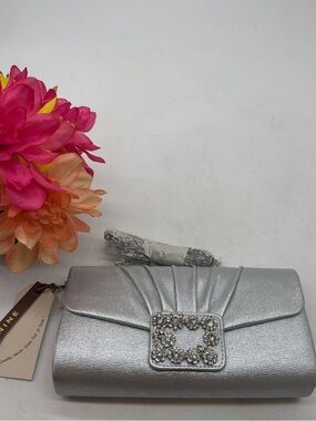 Missnine NWT Silver Evening Clutch with Crystal Buckle